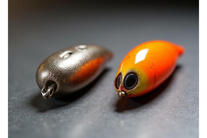 A display comparing a raw, hand-forged metal component for a lure next to a brightly finished, custom-painted Maple Forge Tackle lure, highlighting craftsmanship over a mass-produced, generic-looking lure.