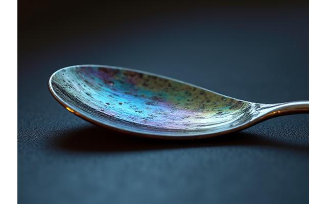 A delicate, rainbow-iridescent forged trout spoon with a subtle wobble action, reflecting light.