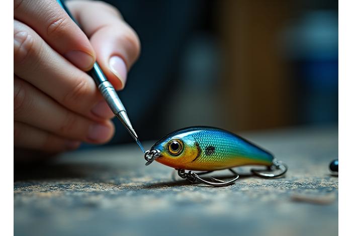 Technician meticulously applying a durable, custom finish to a newly forged lure in a clean workshop, showing detailed craftsmanship.