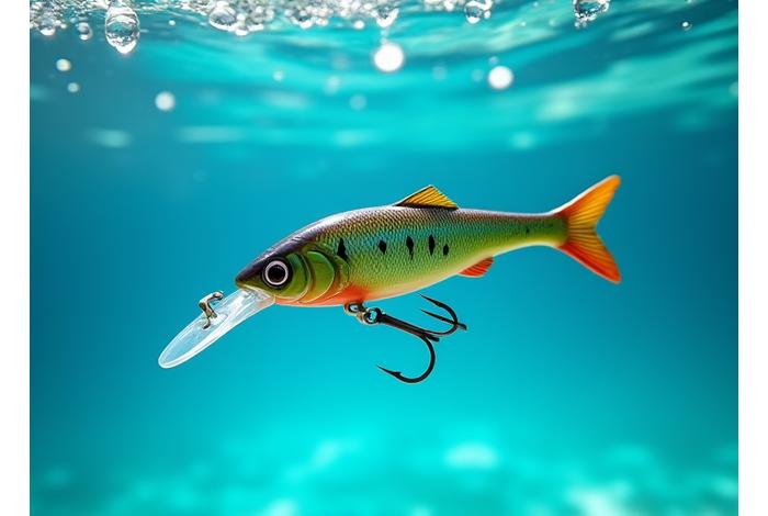 A handcrafted fishing lure submerged in a clear test tank, showing its unique action and perfect balance underwater