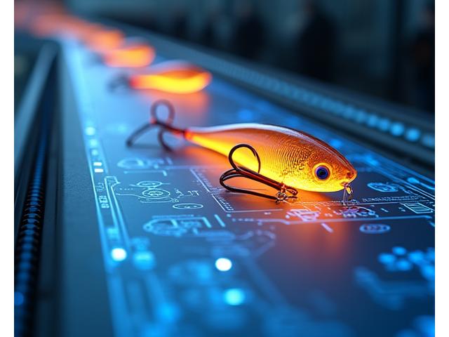 Blueprint evolving into a physical fishing lure prototype, then into a production line of lures, representing scaling from concept to mass production