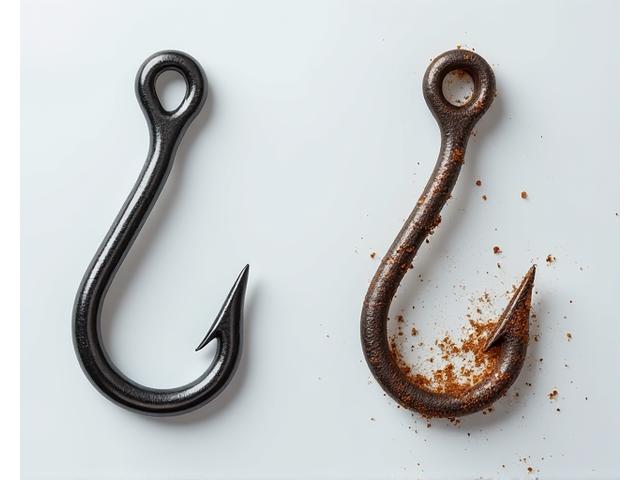 Side-by-side comparison of a pristine, coated fishing hook and a heavily rusted, untreated hook