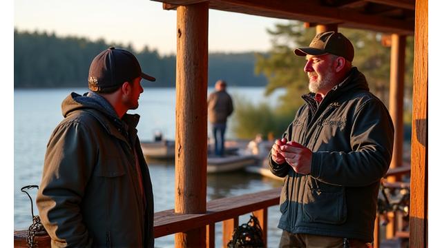 Rustic Canadian fishing lodge owner presenting custom tackle to guests