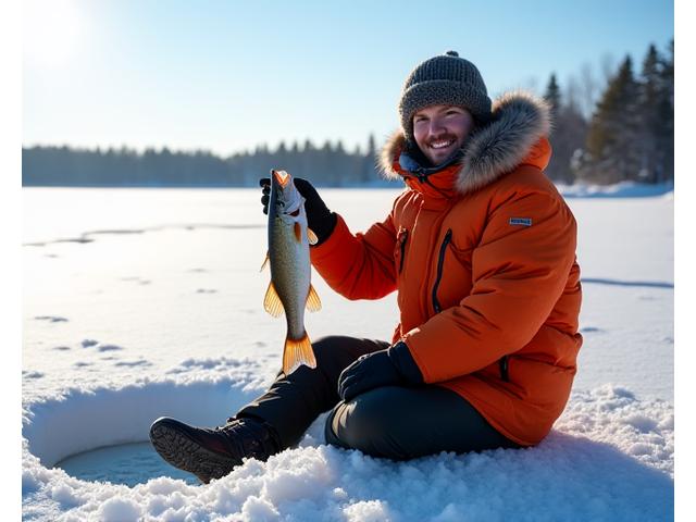 Ice fishing on a frozen lake with an angler pulling up a fish