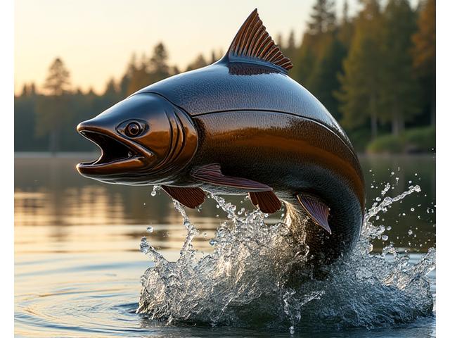 Forged metal sculpture of a salmon leaping