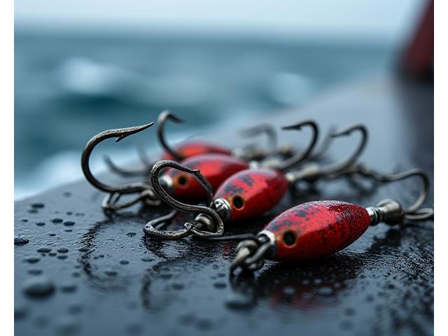 Robust saltwater fishing jigs featuring shiny, durable finishes, resting on a wet boat deck